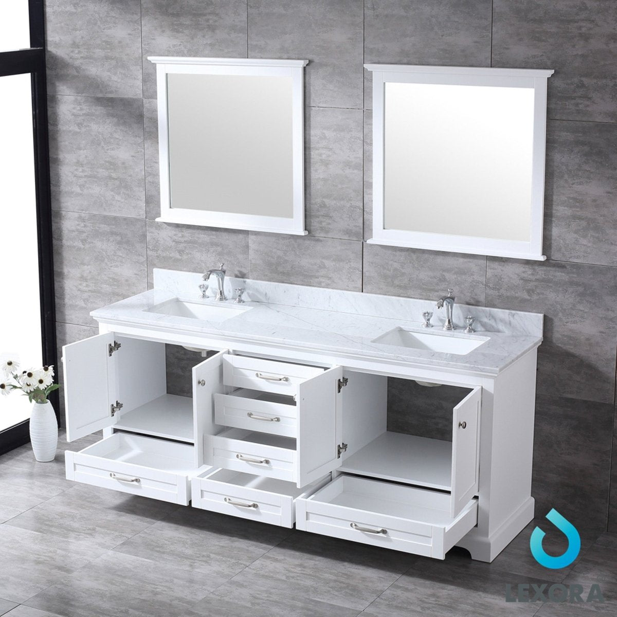 Dukes 80" White Double Vanity, White Carrara Marble Top, White Square Sinks and 30" Mirrors w/ Faucets - BUILDMYPLACE