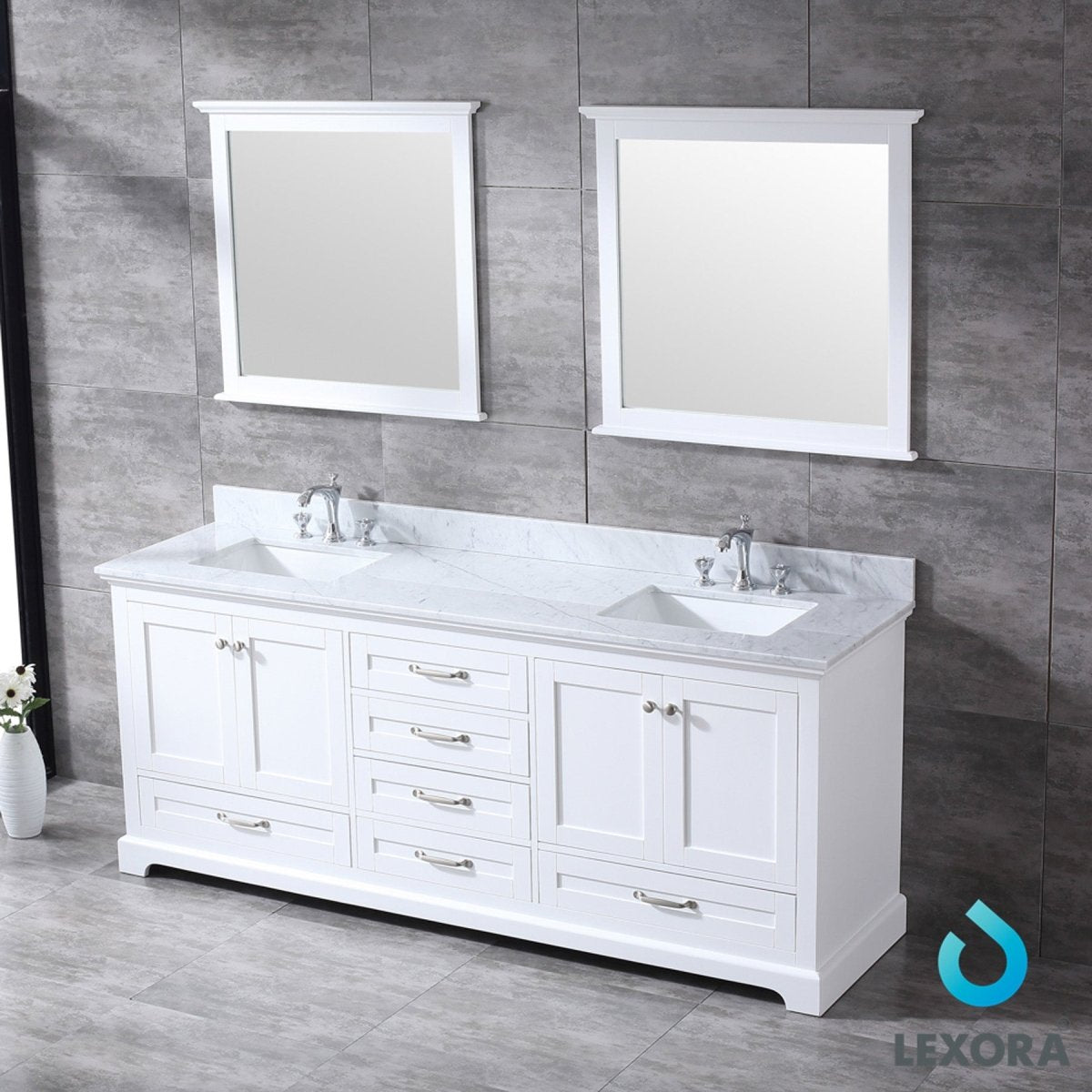 Dukes 80" White Double Vanity, White Carrara Marble Top, White Square Sinks and 30" Mirrors w/ Faucets - BUILDMYPLACE