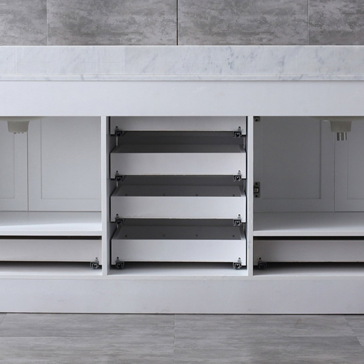 Dukes 80" White Double Vanity, White Carrara Marble Top, White Square Sinks and 30" Mirrors w/ Faucets - BUILDMYPLACE