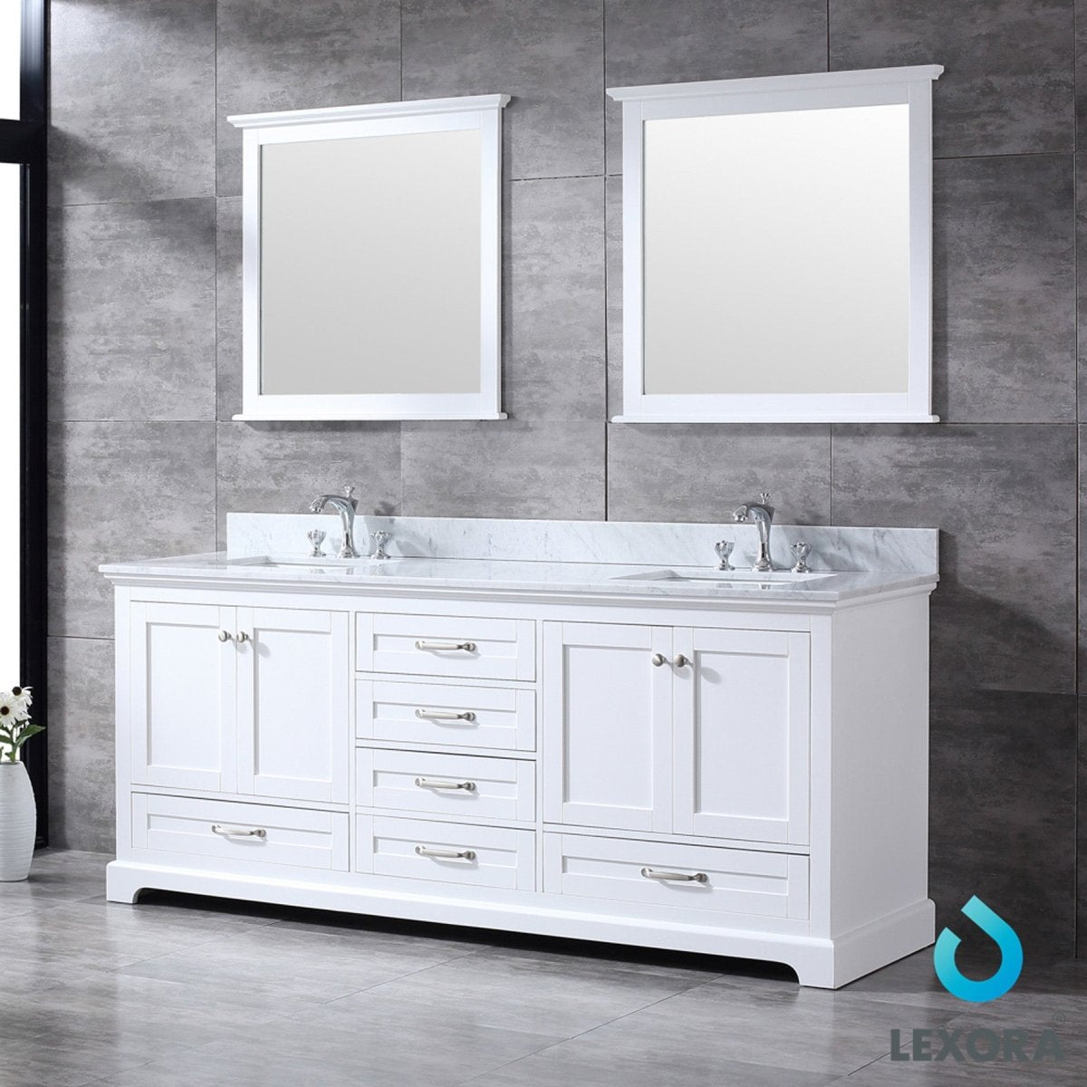Dukes 80" White Double Vanity, White Carrara Marble Top, White Square Sinks and 30" Mirrors w/ Faucets - BUILDMYPLACE