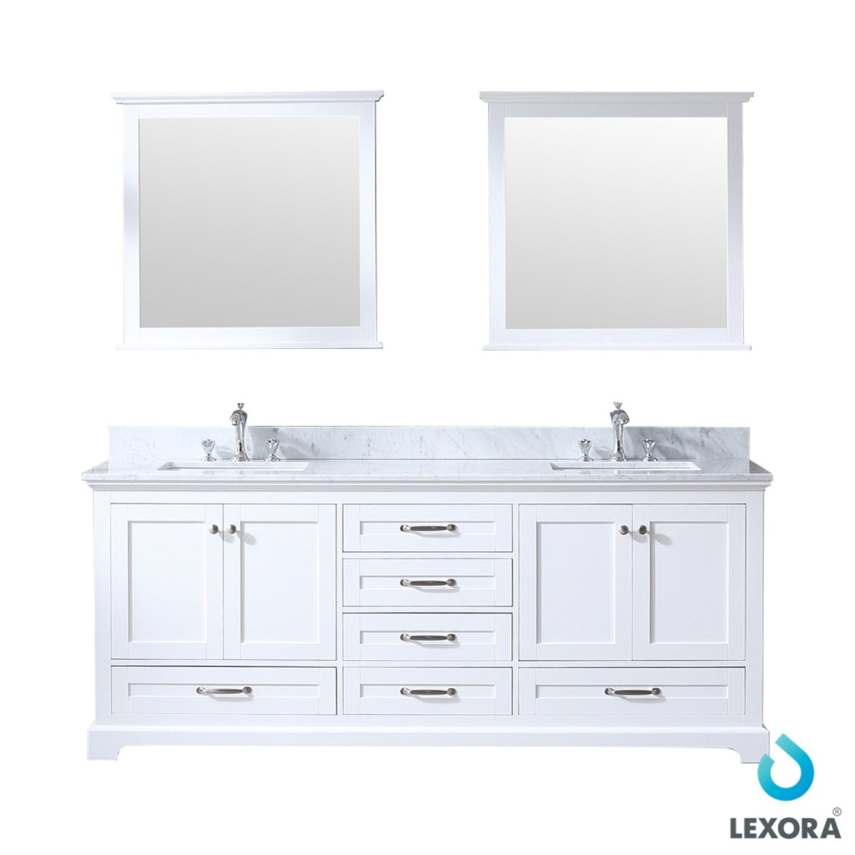 Dukes 80" White Double Vanity, White Carrara Marble Top, White Square Sinks and 30" Mirrors w/ Faucets - BUILDMYPLACE
