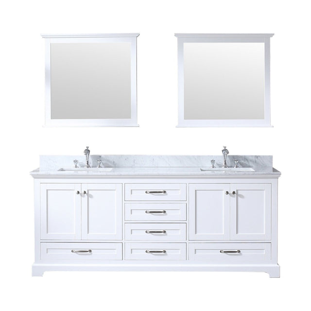 Dukes 80" White Double Vanity, White Carrara Marble Top, White Square Sinks and 30" Mirrors w/ Faucets - BUILDMYPLACE