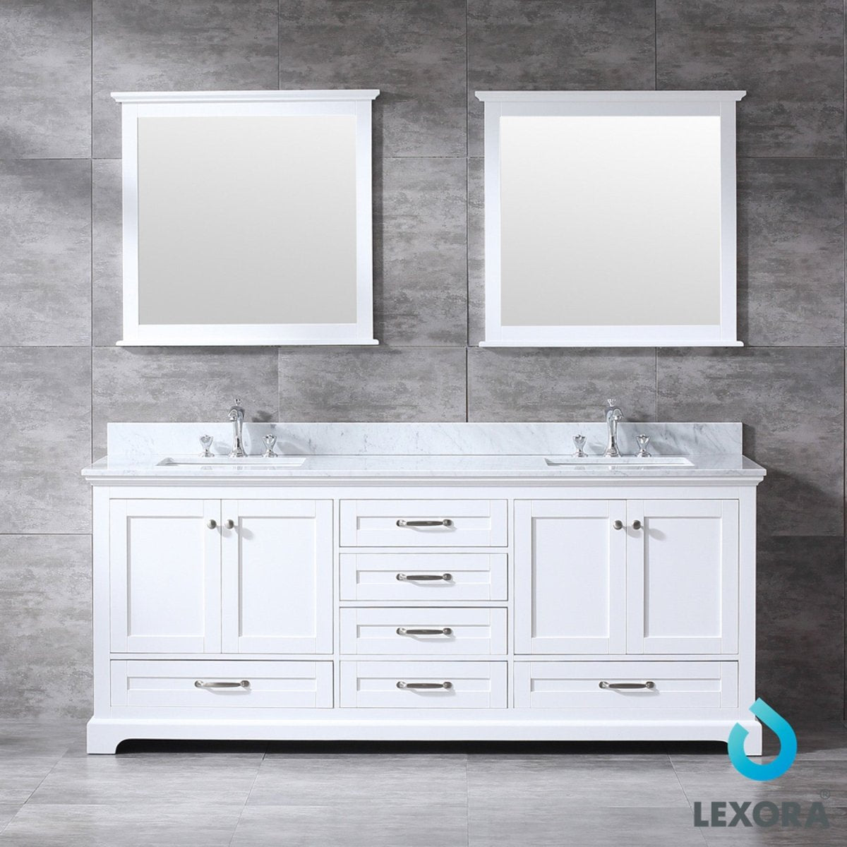 Dukes 80" White Double Vanity, White Carrara Marble Top, White Square Sinks and 30" Mirrors w/ Faucets - BUILDMYPLACE