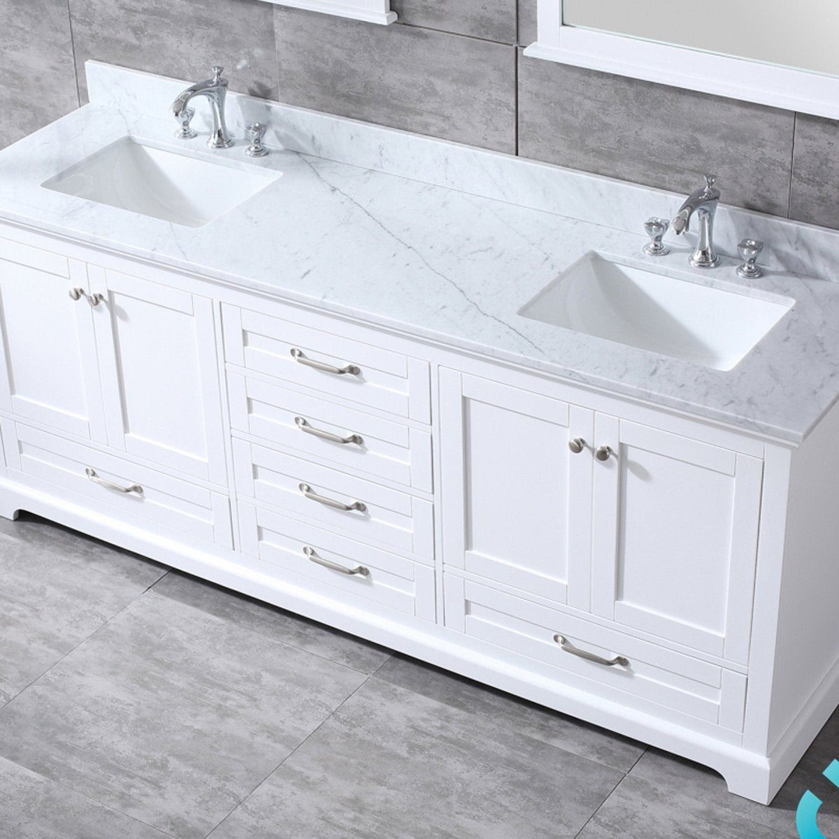 Dukes 80" White Double Vanity, White Carrara Marble Top, White Square Sinks and 30" Mirrors w/ Faucets - BUILDMYPLACE