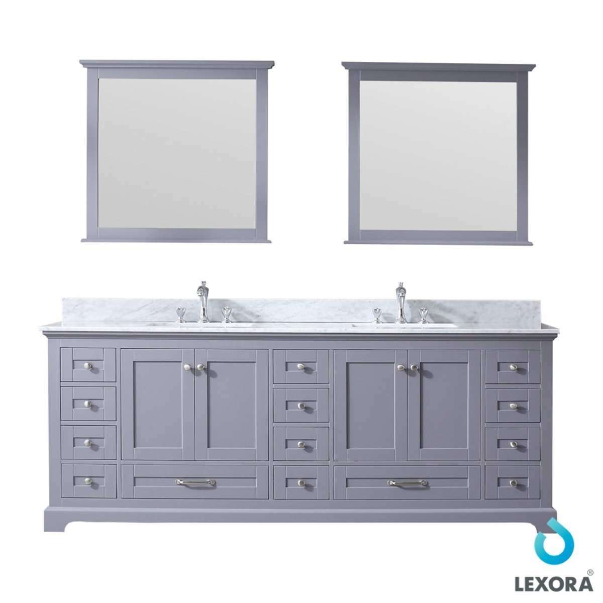 Dukes 84" Dark Grey Double Vanity, White Carrara Marble Top, White Square Sinks and 34" Mirrors w/ Faucets - BUILDMYPLACE