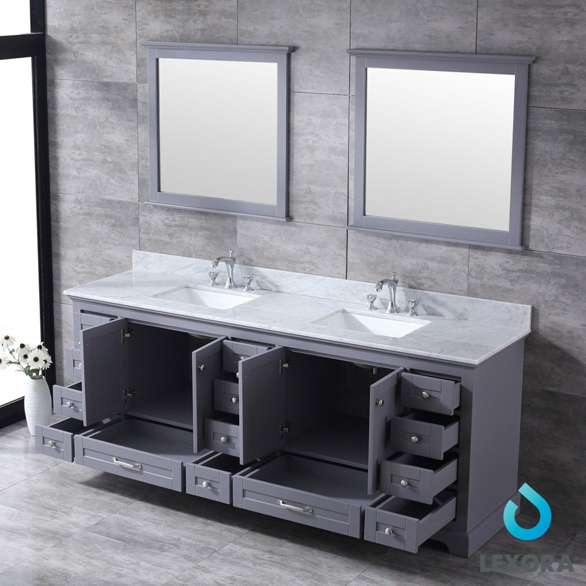 Dukes 84" Dark Grey Double Vanity, White Carrara Marble Top, White Square Sinks and 34" Mirrors w/ Faucets - BUILDMYPLACE