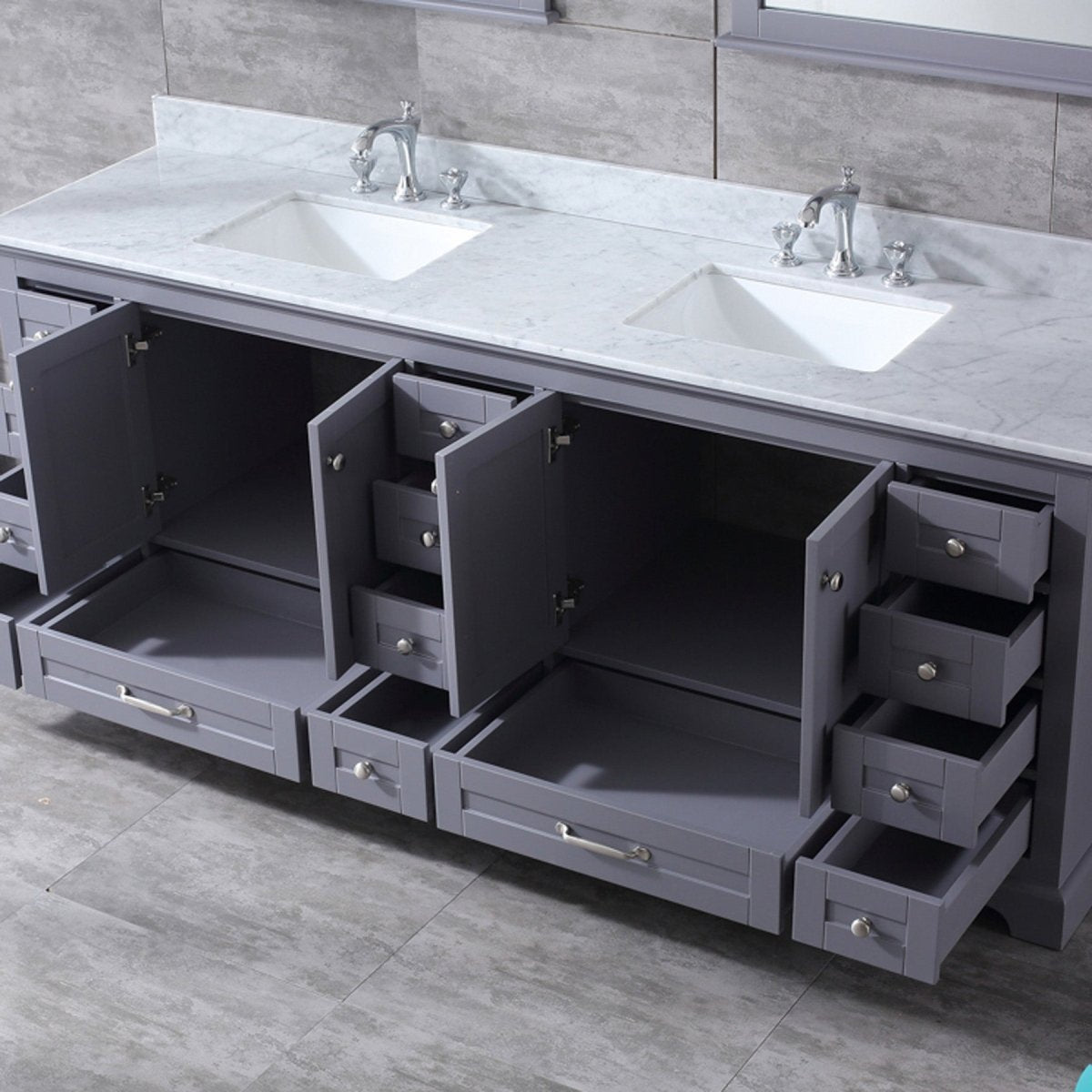 Dukes 84" Dark Grey Double Vanity, White Carrara Marble Top, White Square Sinks and 34" Mirrors w/ Faucets - BUILDMYPLACE