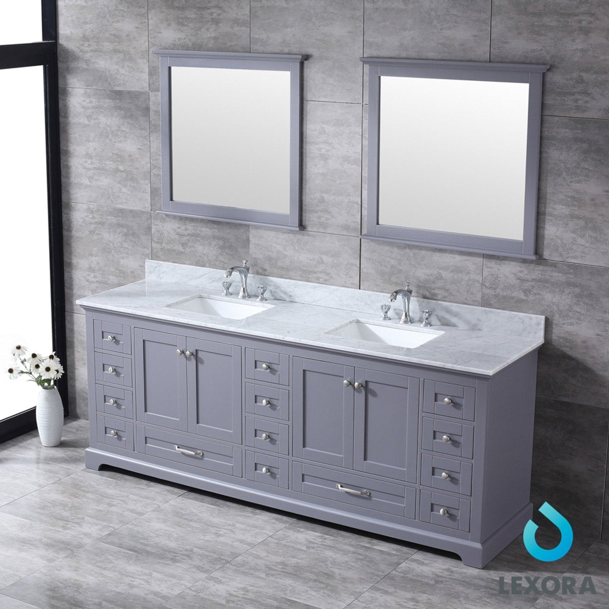 Dukes 84" Dark Grey Double Vanity, White Carrara Marble Top, White Square Sinks and 34" Mirrors w/ Faucets - BUILDMYPLACE