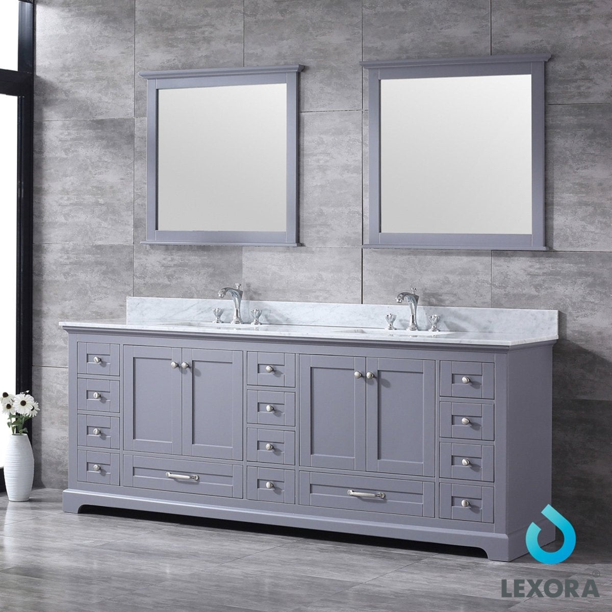 Dukes 84" Dark Grey Double Vanity, White Carrara Marble Top, White Square Sinks and 34" Mirrors w/ Faucets - BUILDMYPLACE
