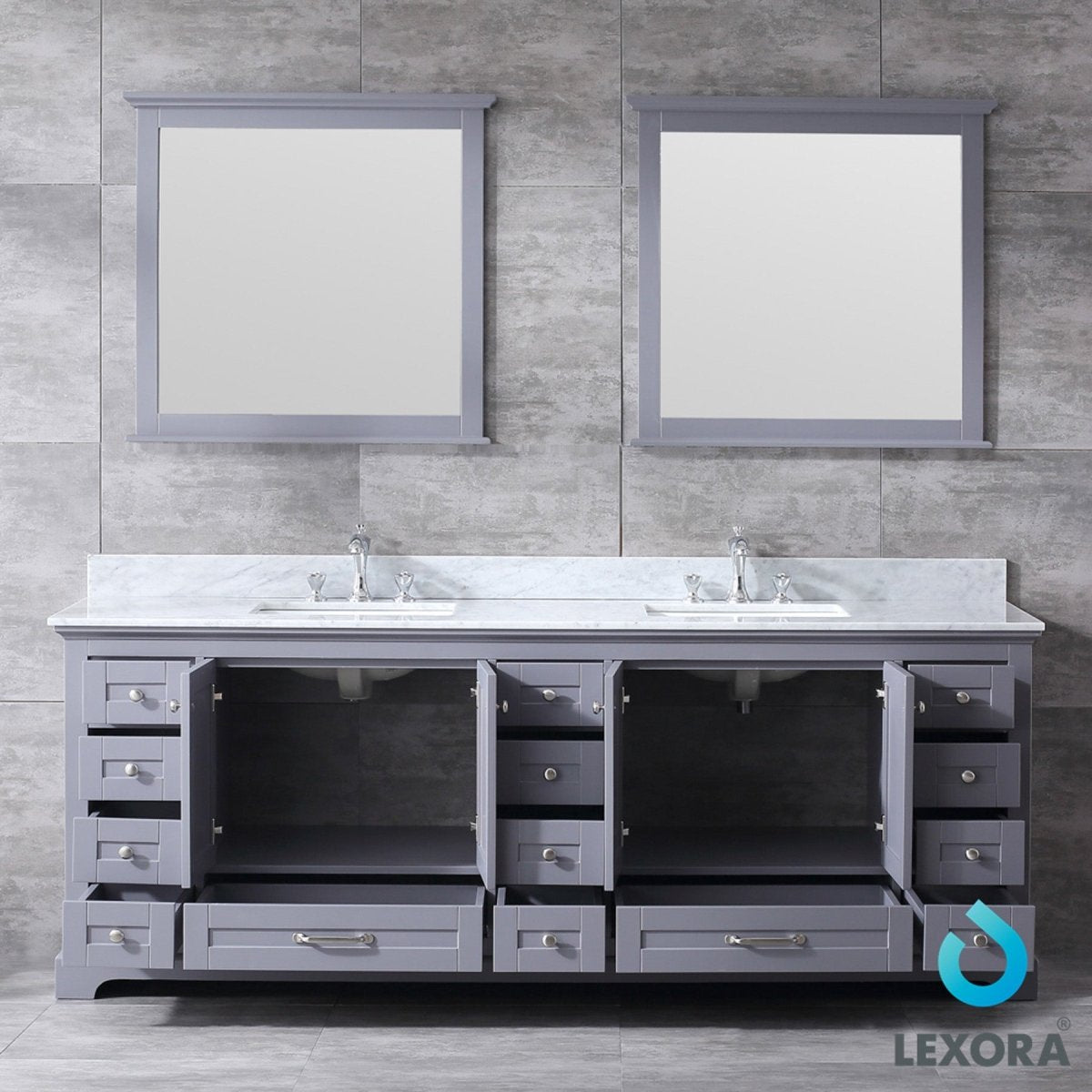 Dukes 84" Dark Grey Double Vanity, White Carrara Marble Top, White Square Sinks and 34" Mirrors w/ Faucets - BUILDMYPLACE