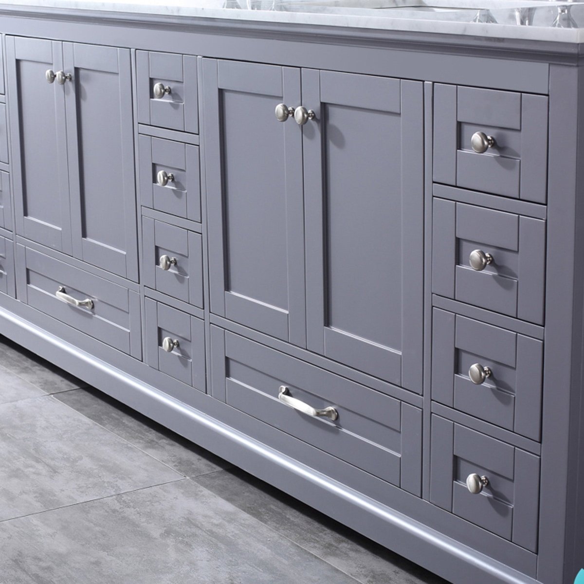 Dukes 84" Dark Grey Double Vanity, White Carrara Marble Top, White Square Sinks and 34" Mirrors w/ Faucets - BUILDMYPLACE