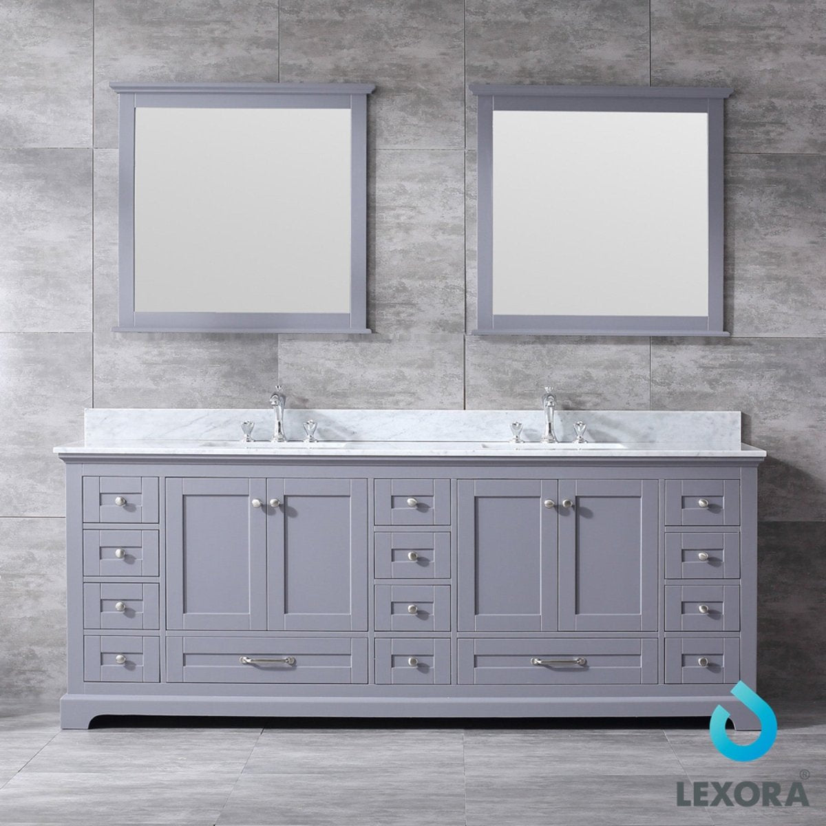 Dukes 84" Dark Grey Double Vanity, White Carrara Marble Top, White Square Sinks and 34" Mirrors w/ Faucets - BUILDMYPLACE