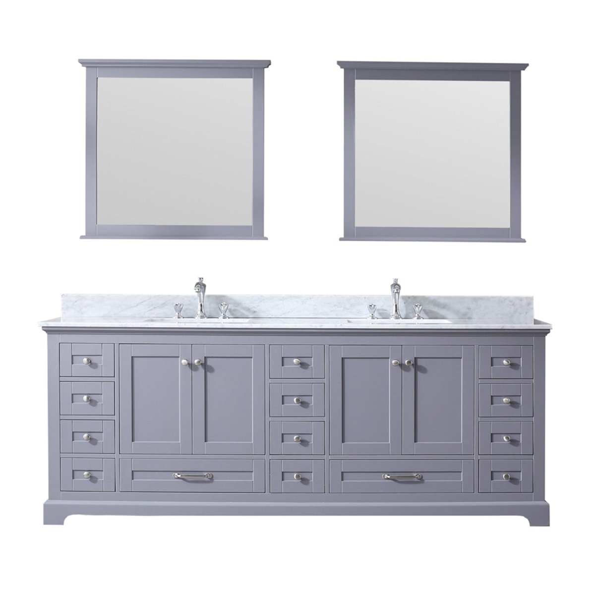 Dukes 84" Dark Grey Double Vanity, White Carrara Marble Top, White Square Sinks and 34" Mirrors w/ Faucets - BUILDMYPLACE