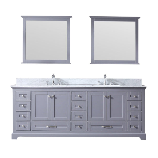 Dukes 84" Dark Grey Double Vanity, White Carrara Marble Top, White Square Sinks and 34" Mirrors w/ Faucets - BUILDMYPLACE