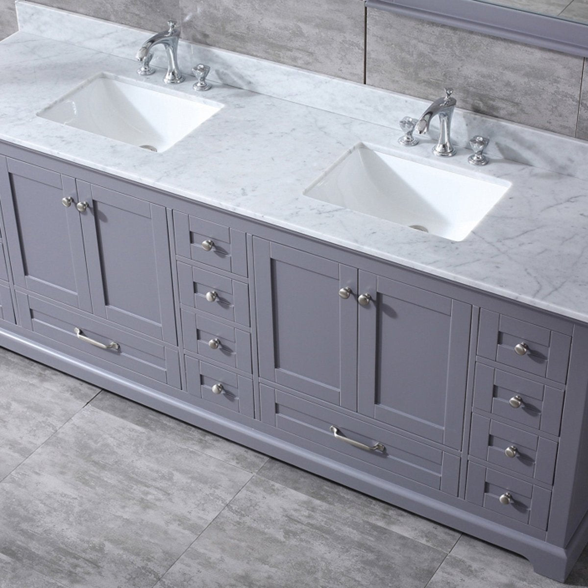 Dukes 84" Dark Grey Double Vanity, White Carrara Marble Top, White Square Sinks and 34" Mirrors w/ Faucets - BUILDMYPLACE