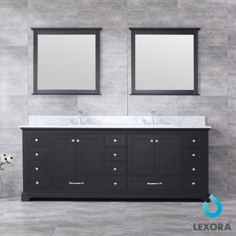 Dukes 84" Espresso Double Vanity, White Carrara Marble Top, White Square Sinks and 34" Mirrors w/ Faucets - BUILDMYPLACE