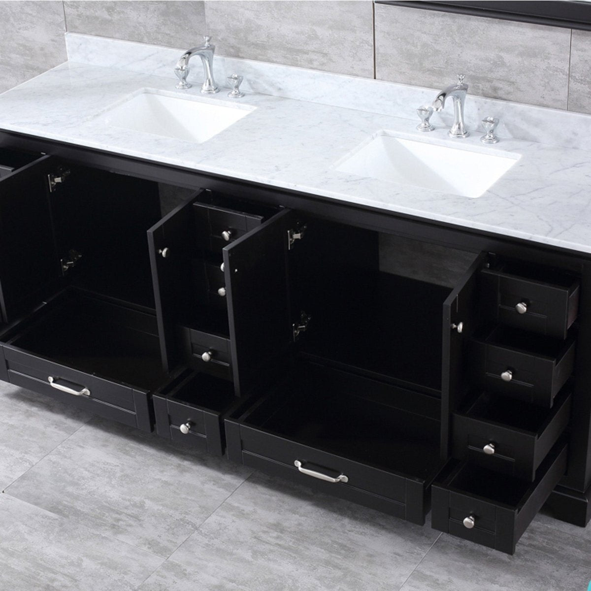 Dukes 84" Espresso Double Vanity, White Carrara Marble Top, White Square Sinks and 34" Mirrors w/ Faucets - BUILDMYPLACE