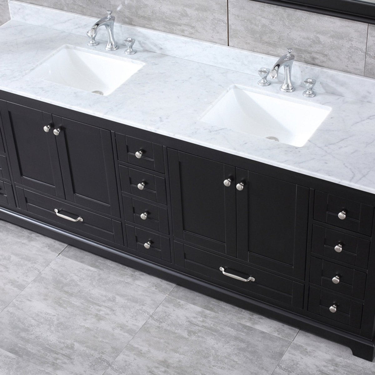 Dukes 84" Espresso Double Vanity, White Carrara Marble Top, White Square Sinks and 34" Mirrors w/ Faucets - BUILDMYPLACE