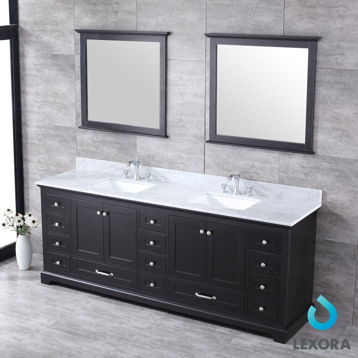 Dukes 84" Espresso Double Vanity, White Carrara Marble Top, White Square Sinks and 34" Mirrors w/ Faucets - BUILDMYPLACE