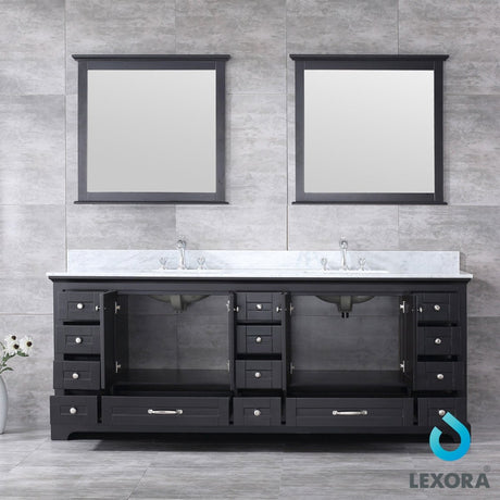 Dukes 84" Espresso Double Vanity, White Carrara Marble Top, White Square Sinks and 34" Mirrors w/ Faucets - BUILDMYPLACE