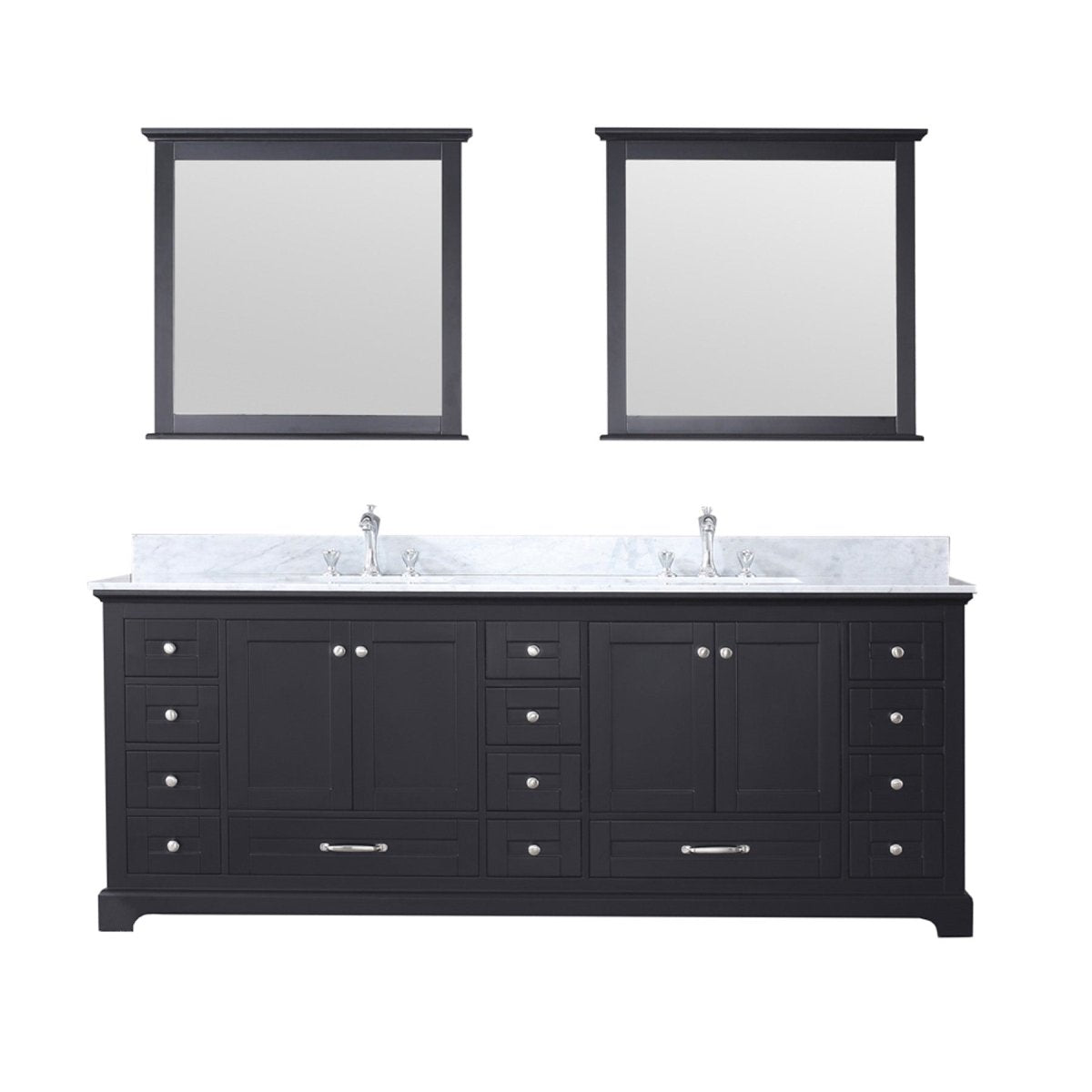 Dukes 84" Espresso Double Vanity, White Carrara Marble Top, White Square Sinks and 34" Mirrors w/ Faucets - BUILDMYPLACE