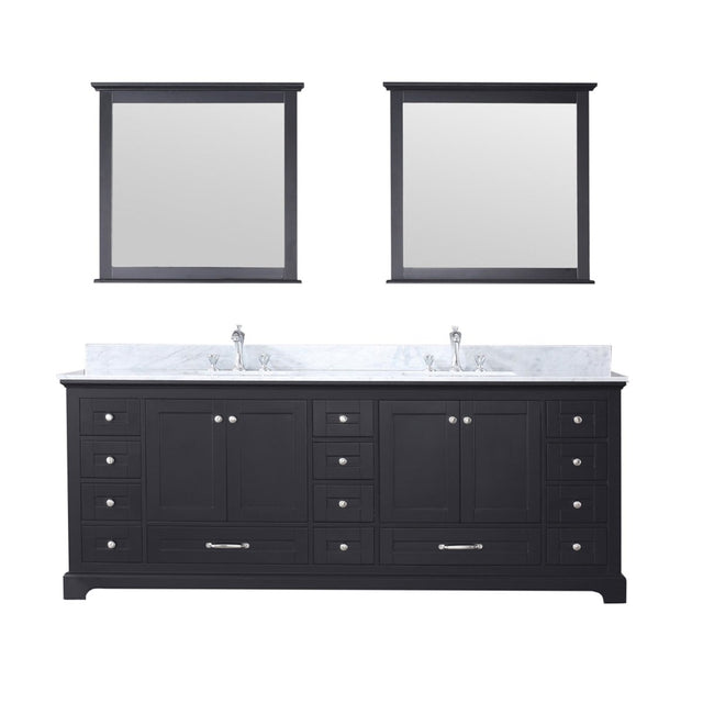 Dukes 84" Espresso Double Vanity, White Carrara Marble Top, White Square Sinks and 34" Mirrors w/ Faucets - BUILDMYPLACE