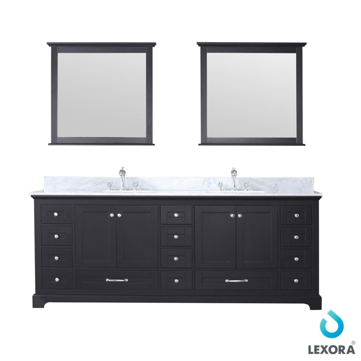 Dukes 84" Espresso Double Vanity, White Carrara Marble Top, White Square Sinks and 34" Mirrors w/ Faucets - BUILDMYPLACE
