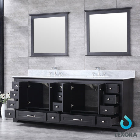 Dukes 84" Espresso Double Vanity, White Carrara Marble Top, White Square Sinks and 34" Mirrors w/ Faucets - BUILDMYPLACE