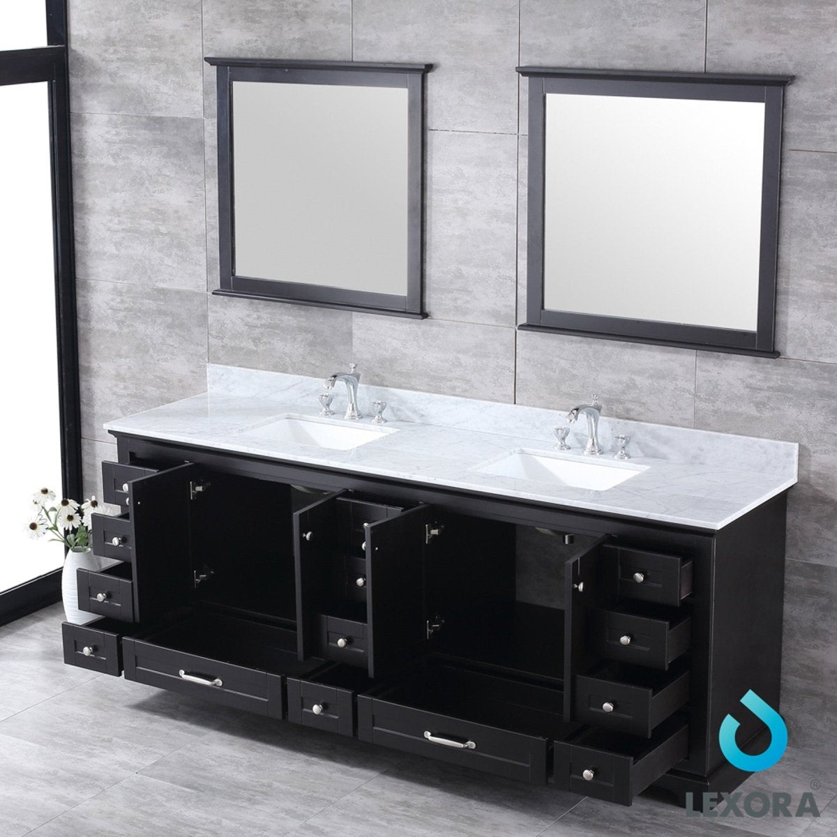 Dukes 84" Espresso Double Vanity, White Carrara Marble Top, White Square Sinks and 34" Mirrors w/ Faucets - BUILDMYPLACE
