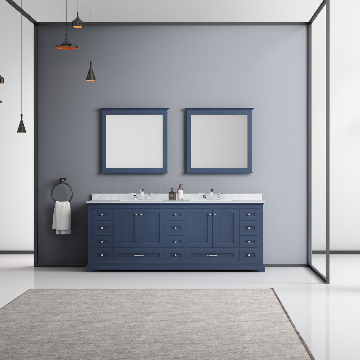 Dukes 84" Navy Blue Double Vanity, White Carrara Marble Top, White Square Sinks and 34" Mirrors w/ Faucets - BUILDMYPLACE
