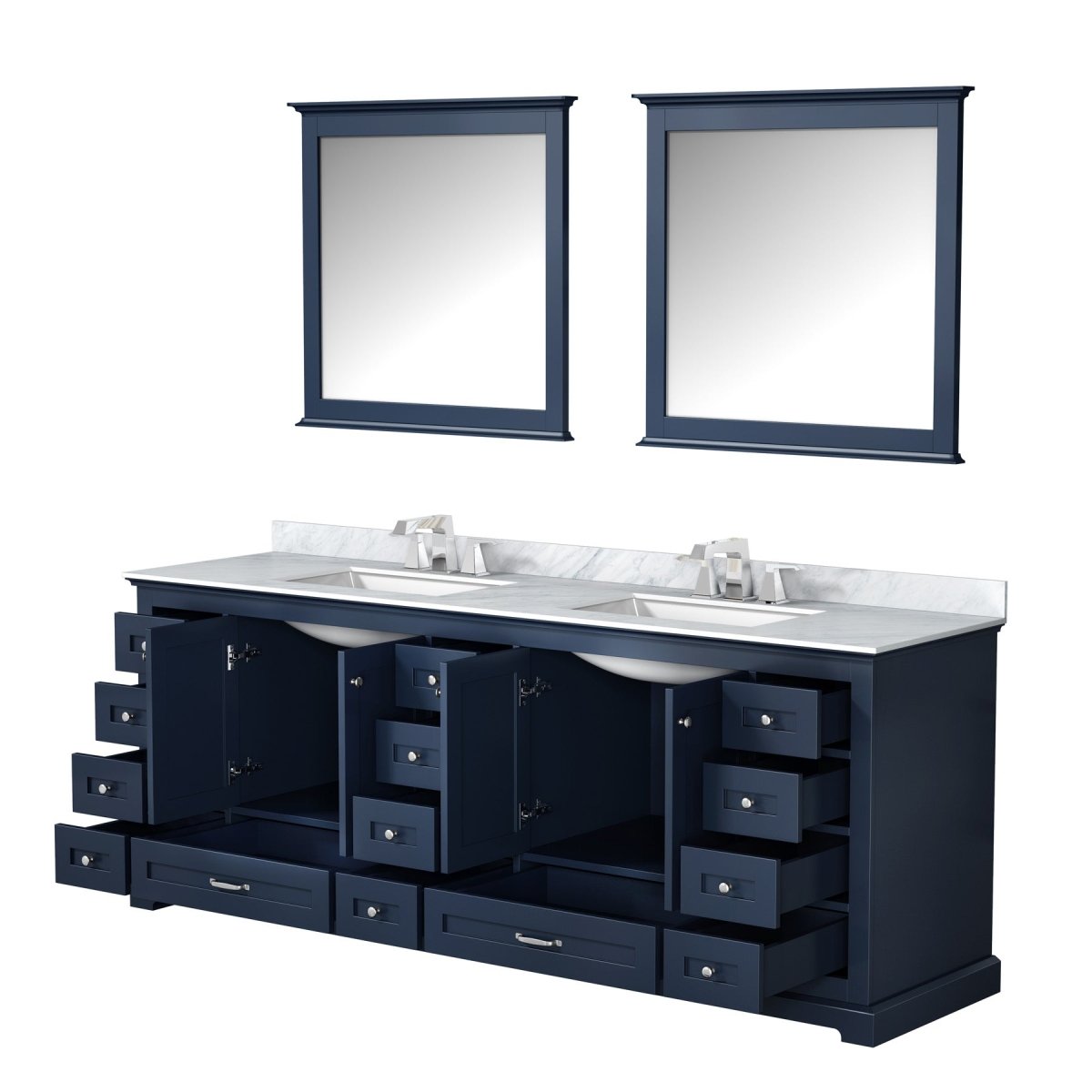 Dukes 84" Navy Blue Double Vanity, White Carrara Marble Top, White Square Sinks and 34" Mirrors w/ Faucets - BUILDMYPLACE