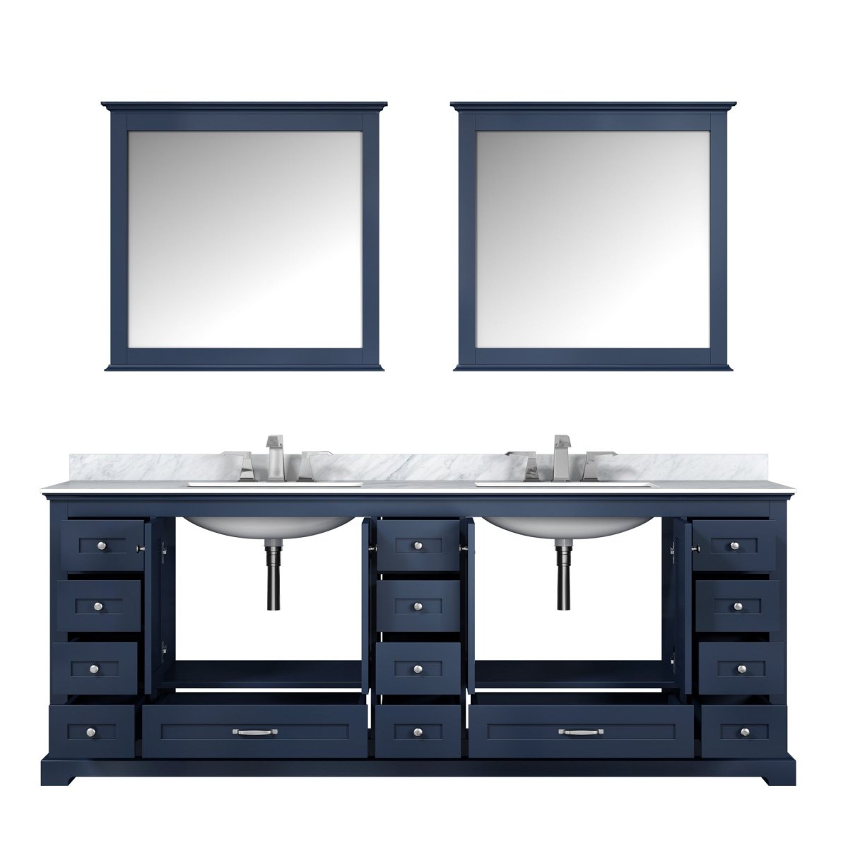 Dukes 84" Navy Blue Double Vanity, White Carrara Marble Top, White Square Sinks and 34" Mirrors w/ Faucets - BUILDMYPLACE