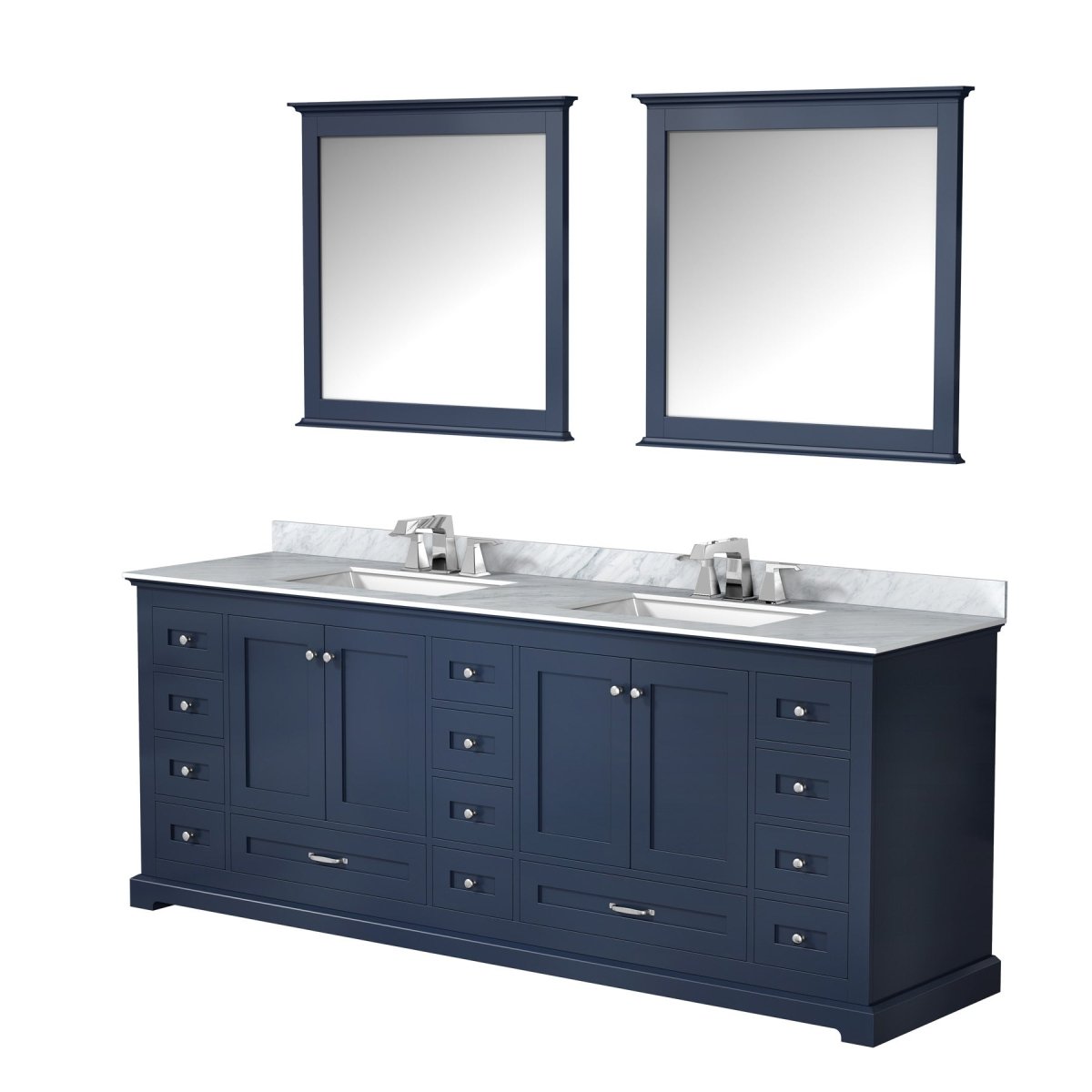 Dukes 84" Navy Blue Double Vanity, White Carrara Marble Top, White Square Sinks and 34" Mirrors w/ Faucets - BUILDMYPLACE