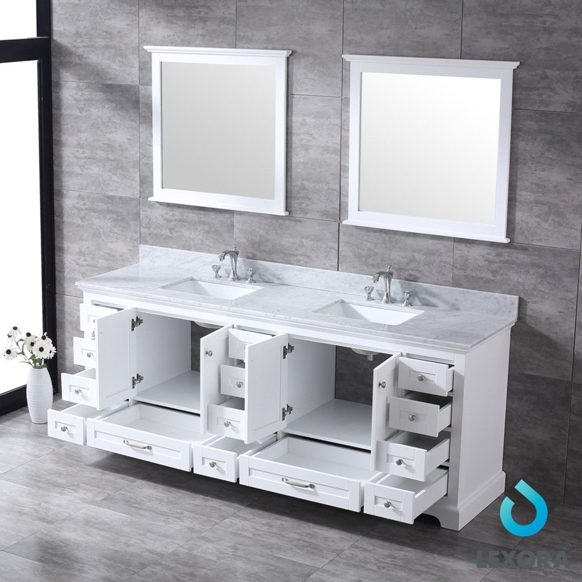 Dukes 84" White Double Vanity, White Carrara Marble Top, White Square Sinks and 34" Mirrors w/ Faucets - BUILDMYPLACE
