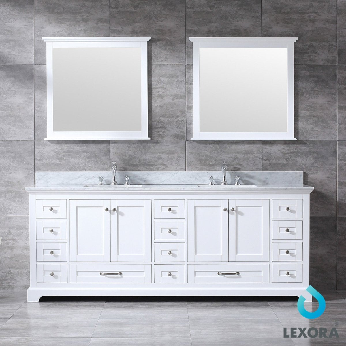 Dukes 84" White Double Vanity, White Carrara Marble Top, White Square Sinks and 34" Mirrors w/ Faucets - BUILDMYPLACE