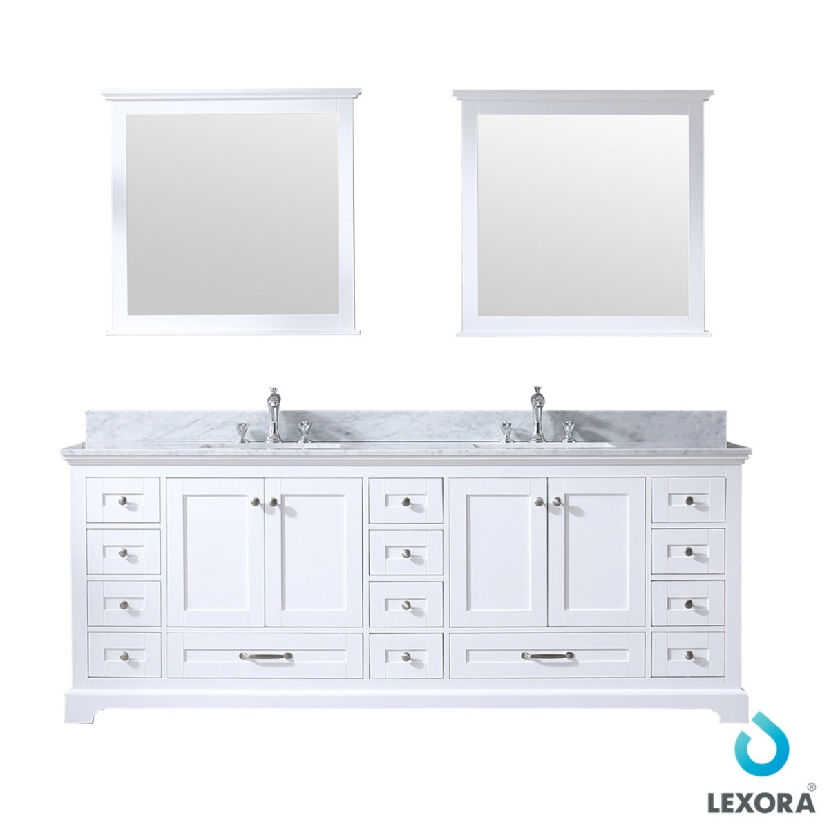Dukes 84" White Double Vanity, White Carrara Marble Top, White Square Sinks and 34" Mirrors w/ Faucets - BUILDMYPLACE