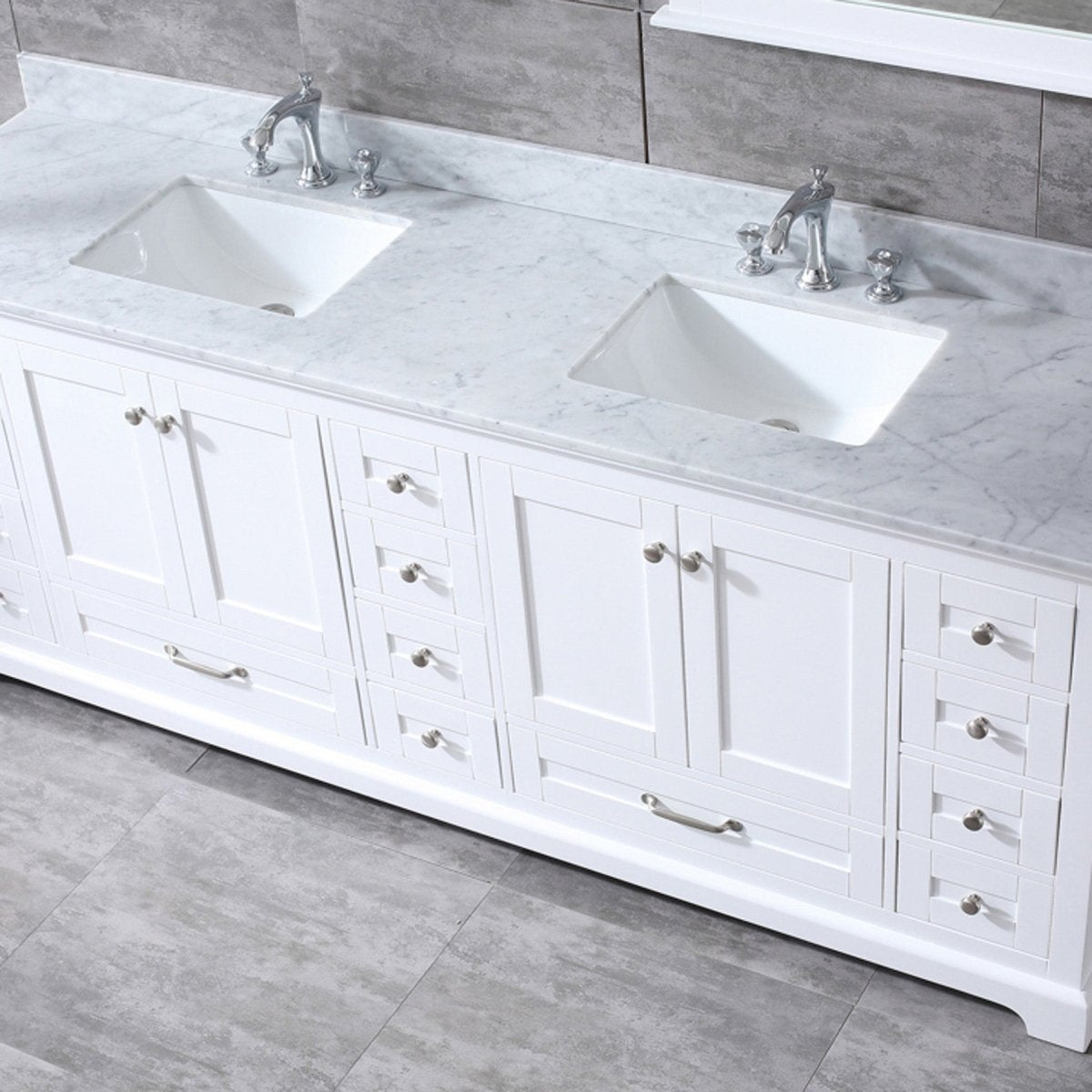 Dukes 84" White Double Vanity, White Carrara Marble Top, White Square Sinks and 34" Mirrors w/ Faucets - BUILDMYPLACE