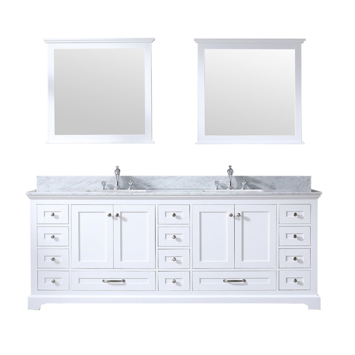 Dukes 84" White Double Vanity, White Carrara Marble Top, White Square Sinks and 34" Mirrors w/ Faucets - BUILDMYPLACE