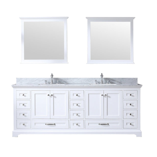 Dukes 84" White Double Vanity, White Carrara Marble Top, White Square Sinks and 34" Mirrors w/ Faucets - BUILDMYPLACE