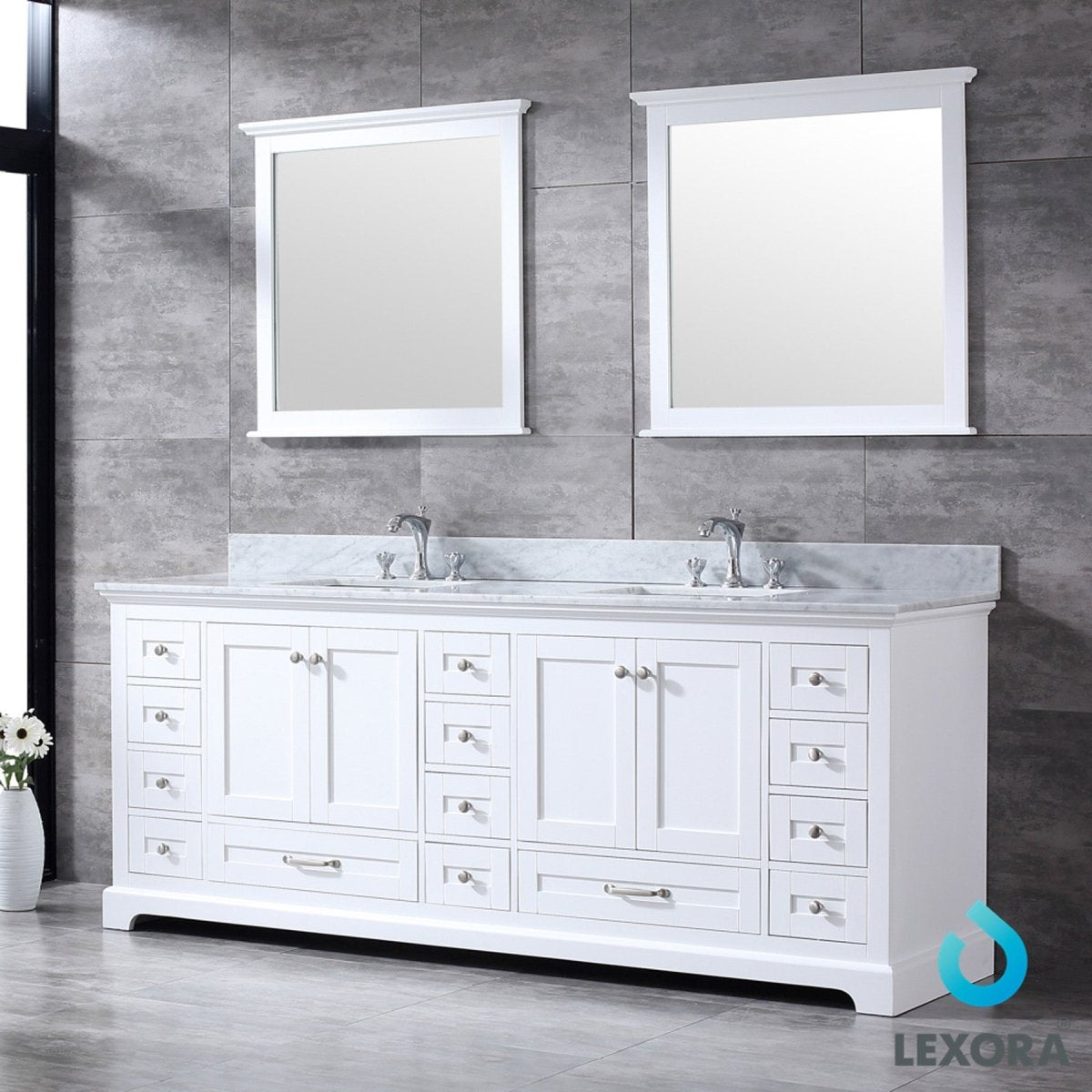 Dukes 84" White Double Vanity, White Carrara Marble Top, White Square Sinks and 34" Mirrors w/ Faucets - BUILDMYPLACE