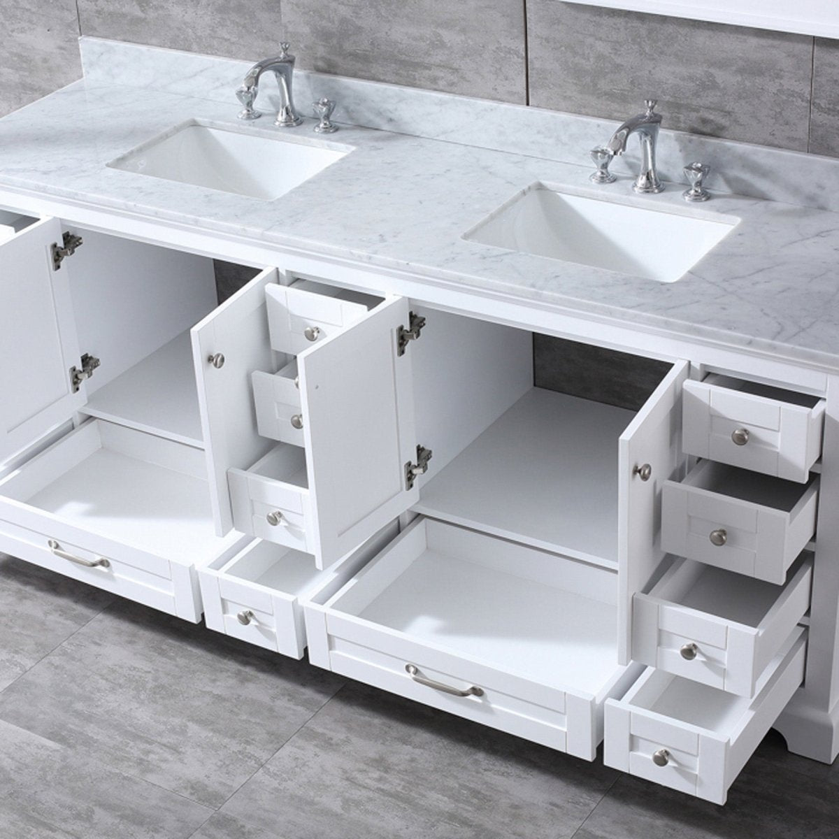 Dukes 84" White Double Vanity, White Carrara Marble Top, White Square Sinks and 34" Mirrors w/ Faucets - BUILDMYPLACE