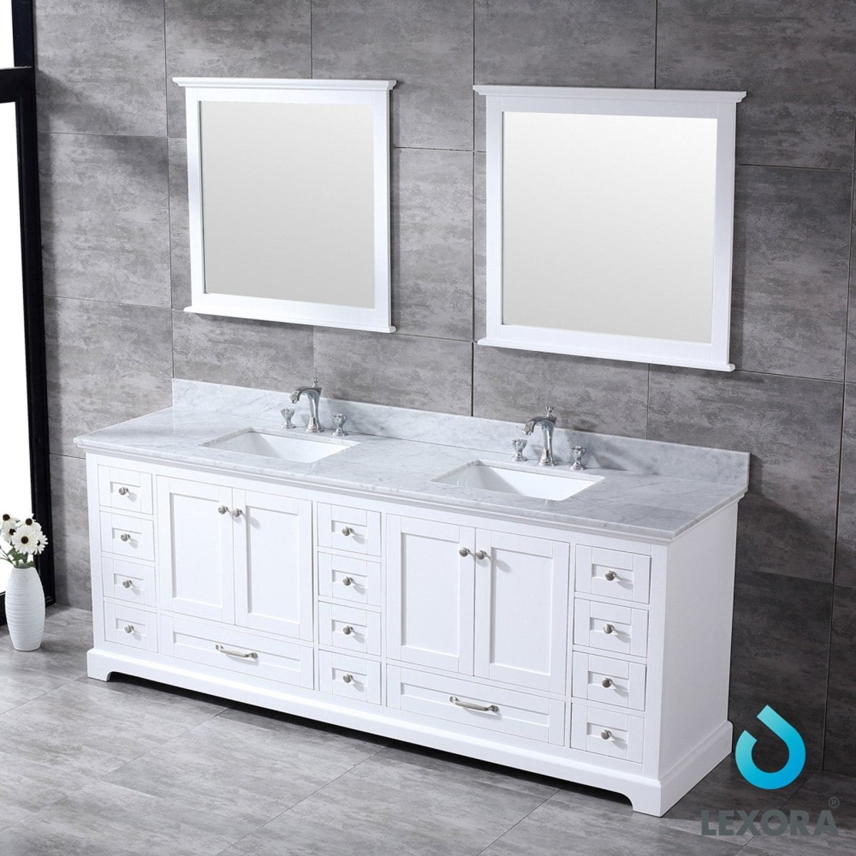Dukes 84" White Double Vanity, White Carrara Marble Top, White Square Sinks and 34" Mirrors w/ Faucets - BUILDMYPLACE