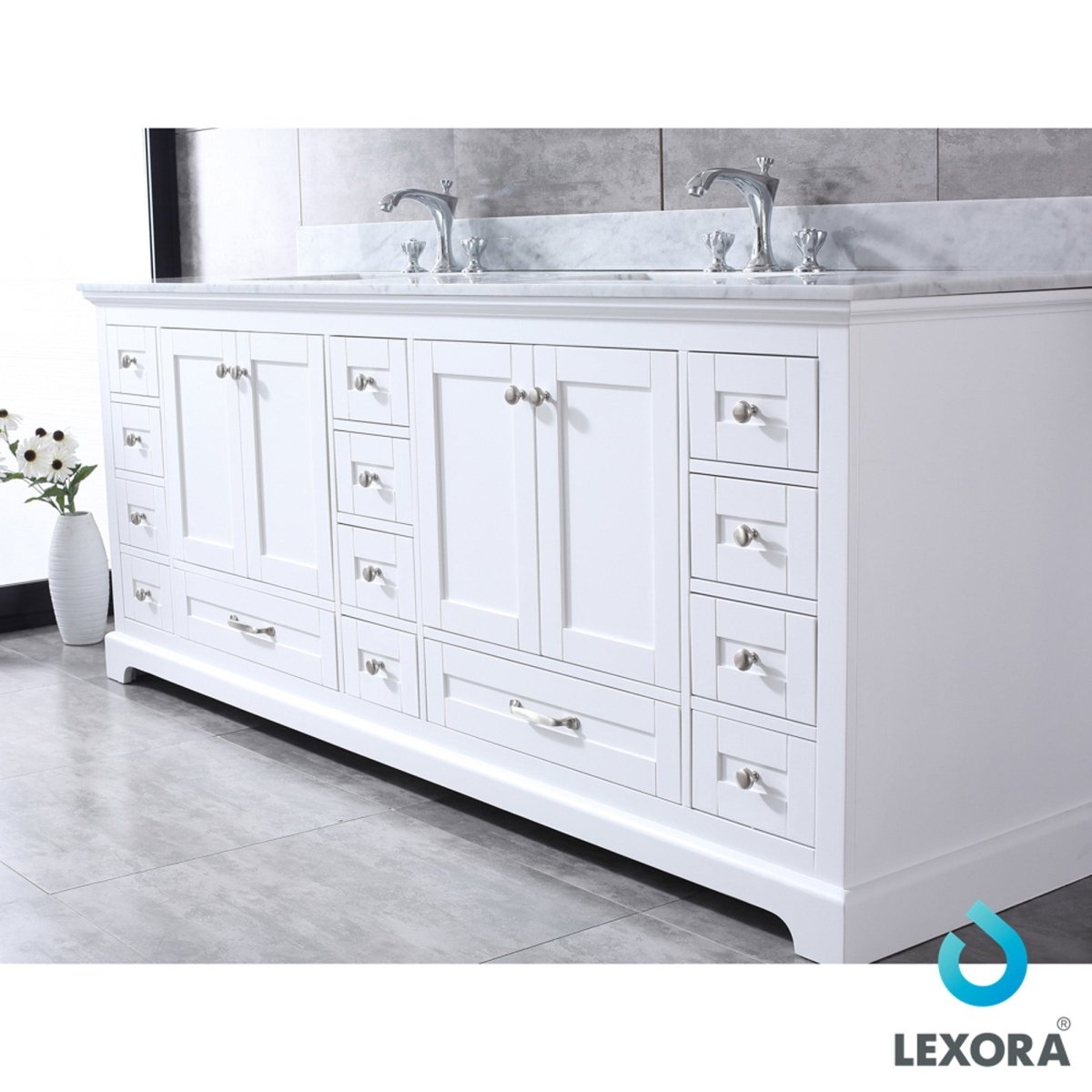 Dukes 84" White Double Vanity, White Carrara Marble Top, White Square Sinks and 34" Mirrors w/ Faucets - BUILDMYPLACE