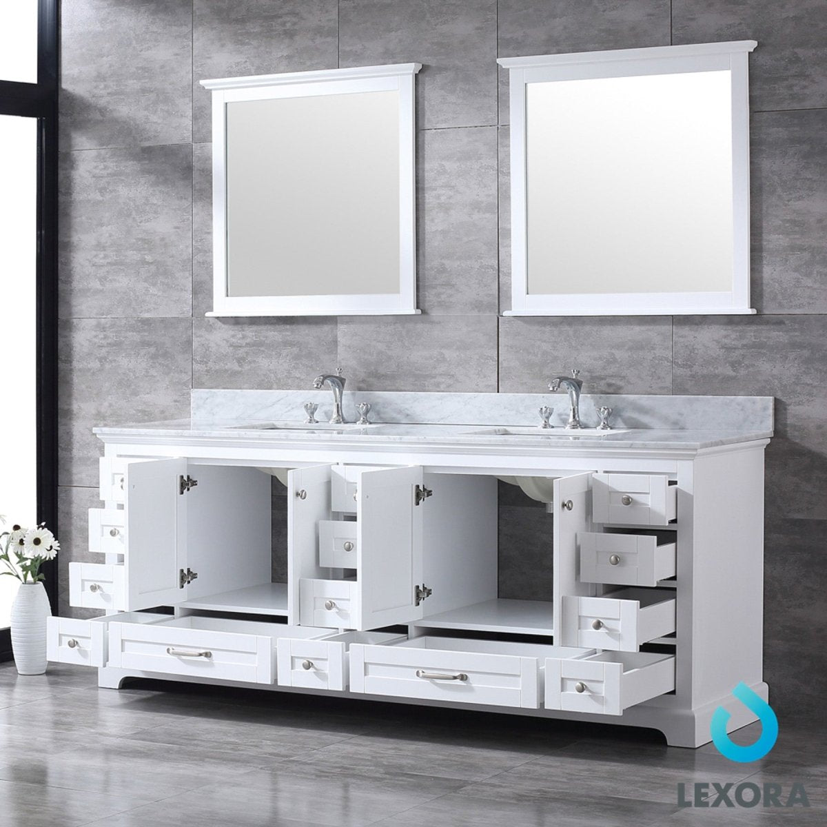 Dukes 84" White Double Vanity, White Carrara Marble Top, White Square Sinks and 34" Mirrors w/ Faucets - BUILDMYPLACE