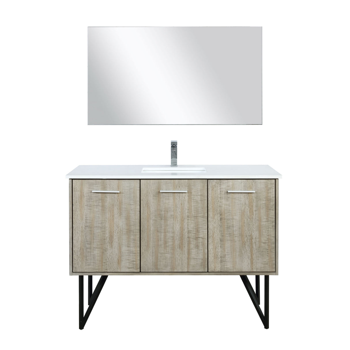 Lancy 48" Rustic Acacia Bathroom Vanity, White Quartz Top, White Square Sink, Monte Chrome Faucet Set, and 43" Frameless Mirror