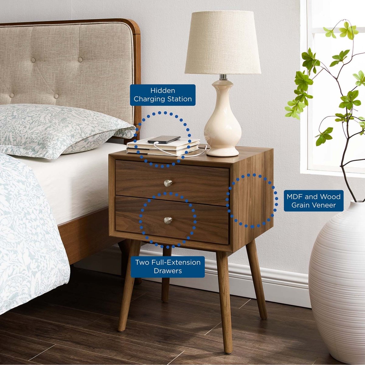 Ember Wood Nightstand With USB Ports - BUILDMYPLACE