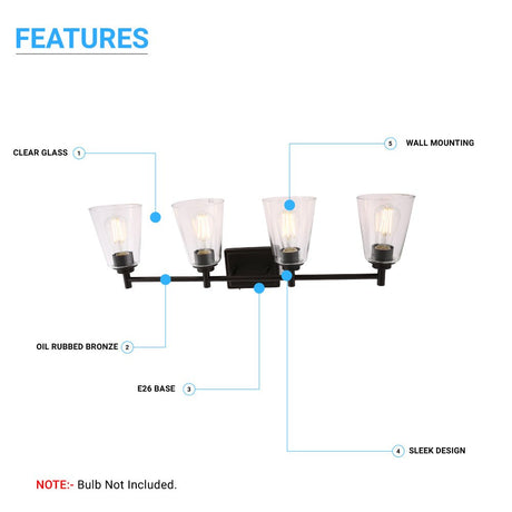 Flared Shape Bathroom Light Fixtures with Clear Glass Shade, E26 Base, UL Listed for Damp Location, Wall Mount, Bathroom Vanity Lighting - BUILDMYPLACE