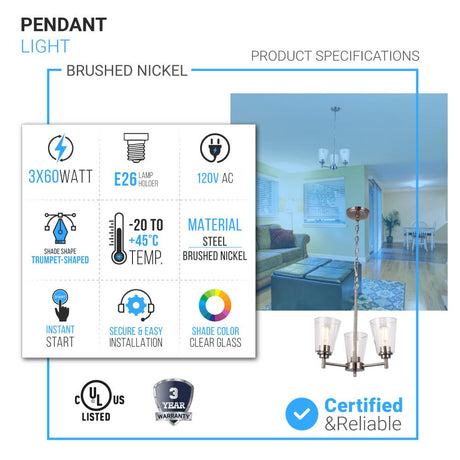 Flared Shape Chandelier Lighting Fixture with Clear Glass Shades, E26 Base, UL Listed for Damp Location, 3 Years Warranty - BUILDMYPLACE