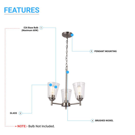 Flared Shape Chandelier Lighting Fixture with Clear Glass Shades, E26 Base, UL Listed for Damp Location, 3 Years Warranty - BUILDMYPLACE