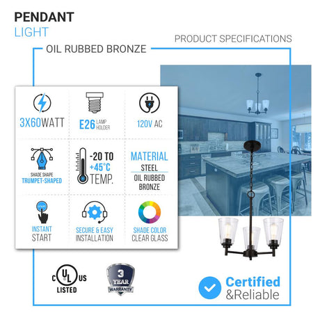 Flared Shape Chandelier Lighting Fixture with Clear Glass Shades, E26 Base, UL Listed for Damp Location, 3 Years Warranty - BUILDMYPLACE